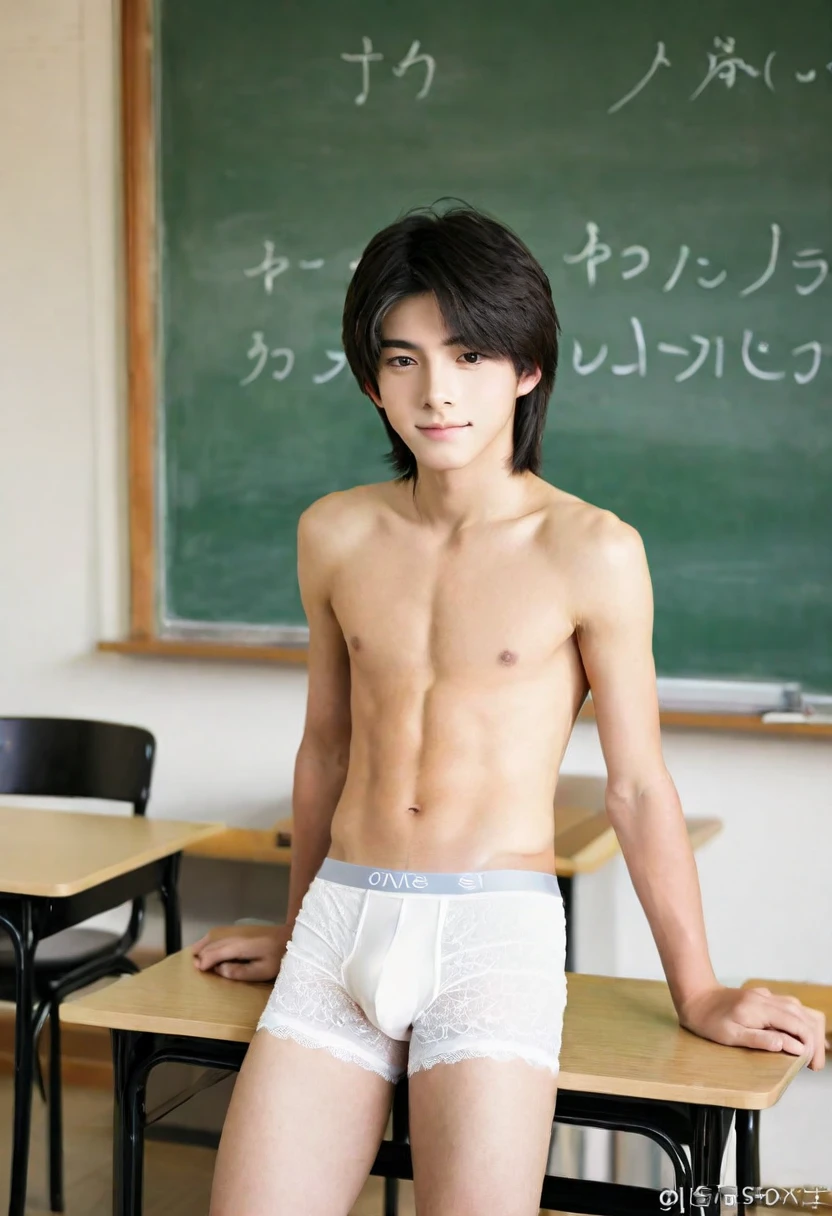 One boy、Beautiful Boy、18-year-old、Japanese Boy、Beautiful Boy、Black Hair、classroom、White underwear、Change of clothes