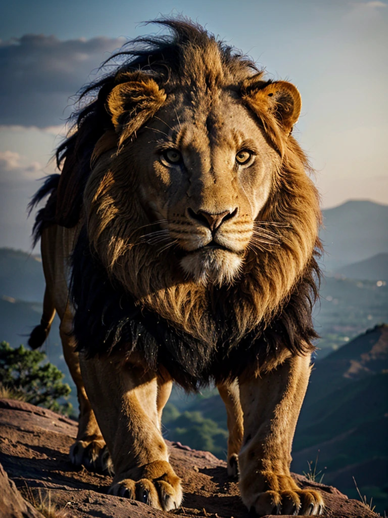 A lion king in the wild stands on a mountain and roars, mane, high details, 16k, best quality, UHD