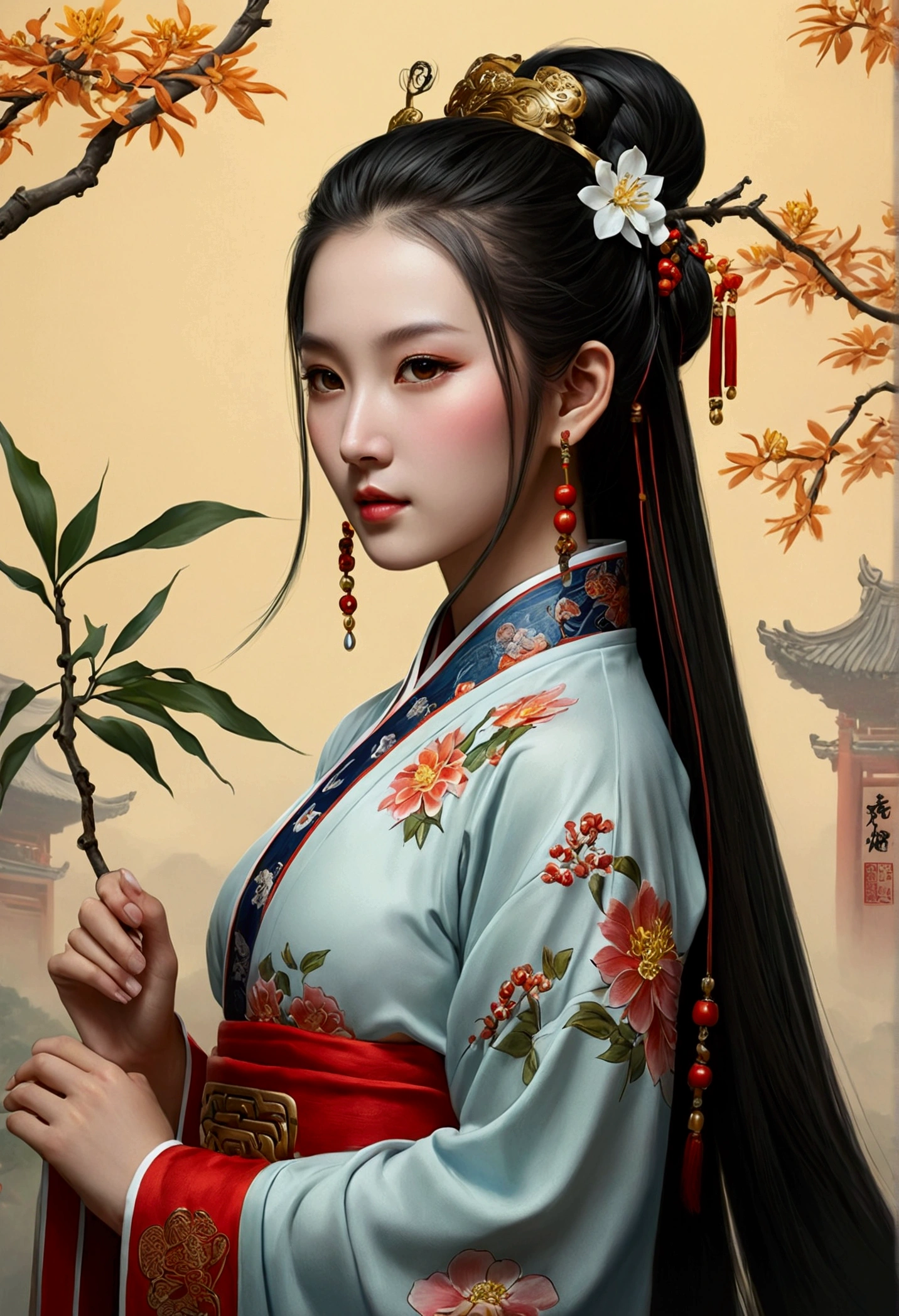 Cute Taoist girl in ancient China, Charming temperament, Wear traditional Chinese Taoist clothing,Long flowing dress, Clear face, beautiful eyes, Around the osmanthus, A masterpiece of perfectly proportioned body structure., Awesome details, grand element, colorful tattoo art, New traditional tattoo art, SD tattoo design, colorful tattoo art, The atmosphere is mysterious, warm and friendly., hyper-realistic painting, Super HD, High quality, High qualityสุด, 32k --v 6 hug the emperor,long hair