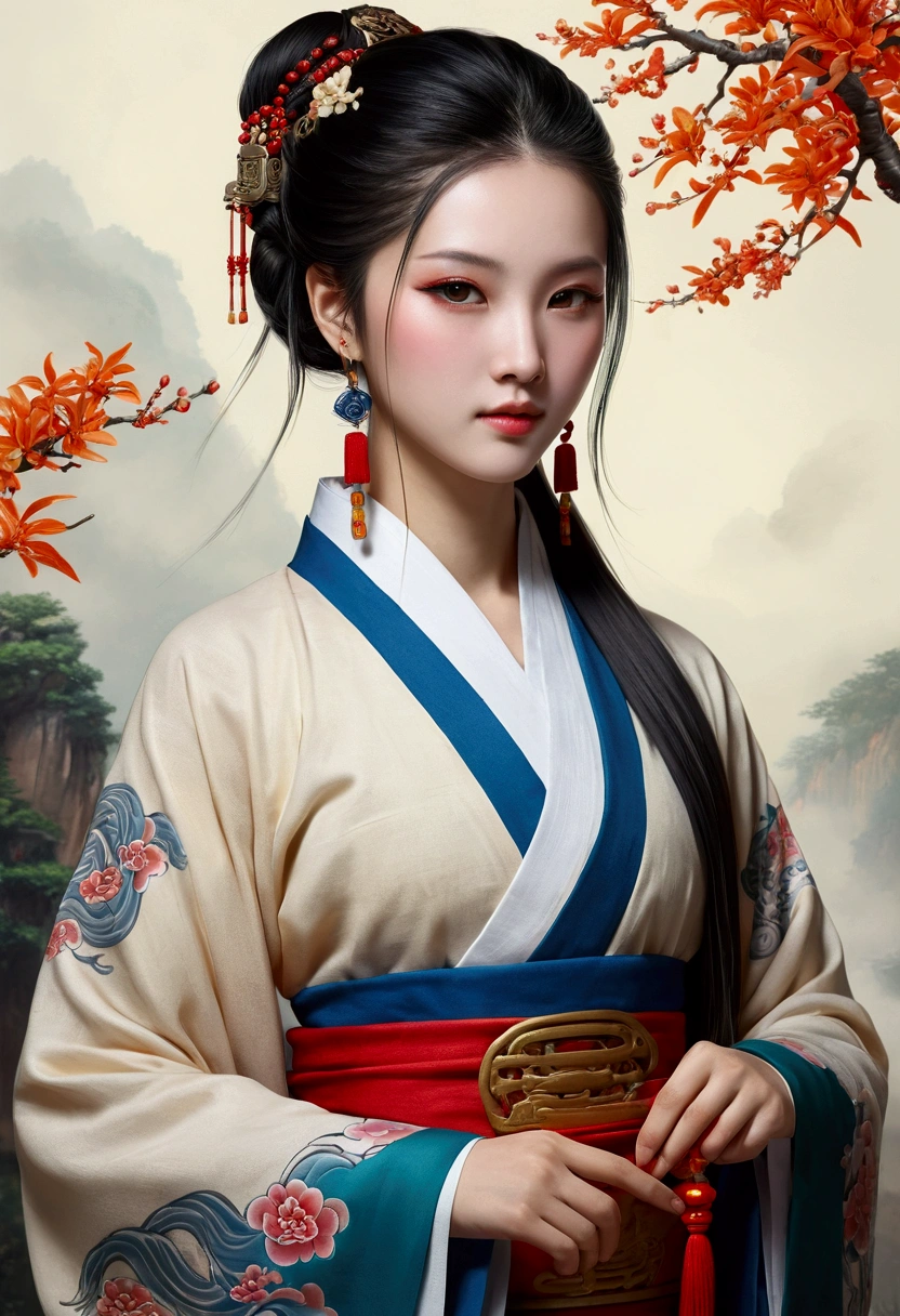 Cute Taoist girl in ancient China, Charming temperament, Wear traditional Chinese Taoist clothing,Long flowing dress, Clear face, beautiful eyes, Around the osmanthus, A masterpiece of perfectly proportioned body structure., Awesome details, grand element, colorful tattoo art, New traditional tattoo art, SD tattoo design, colorful tattoo art, The atmosphere is mysterious, warm and friendly., hyper-realistic painting, Super HD, High quality, High qualityสุด, 32k --v 6 hug the emperor,long hair