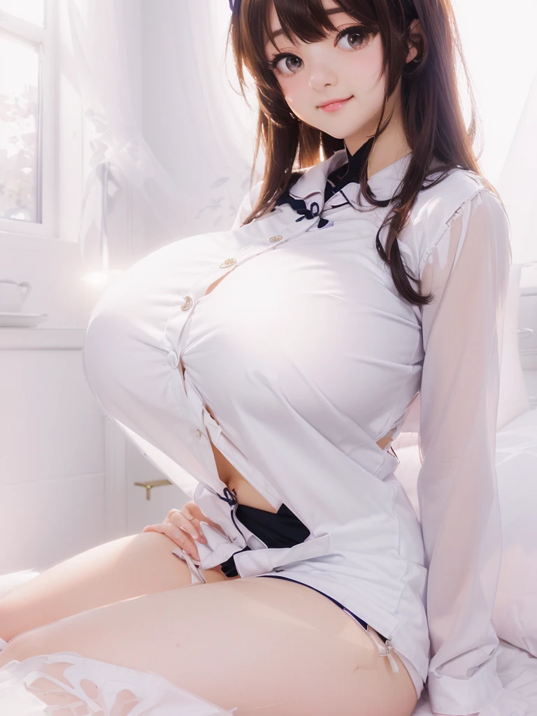 anime girl sitting on a bed with her legs crossed, seductive anime girl, oppai, (sfw) safe for work, breasts covered and sfw, with a large breasts, revealing clothes, ecchi, teasing smile, ecchi anime style, with large breasts, hinata hyuga, touching her clothes, thicc, fine details. girls frontline, oppai proportions