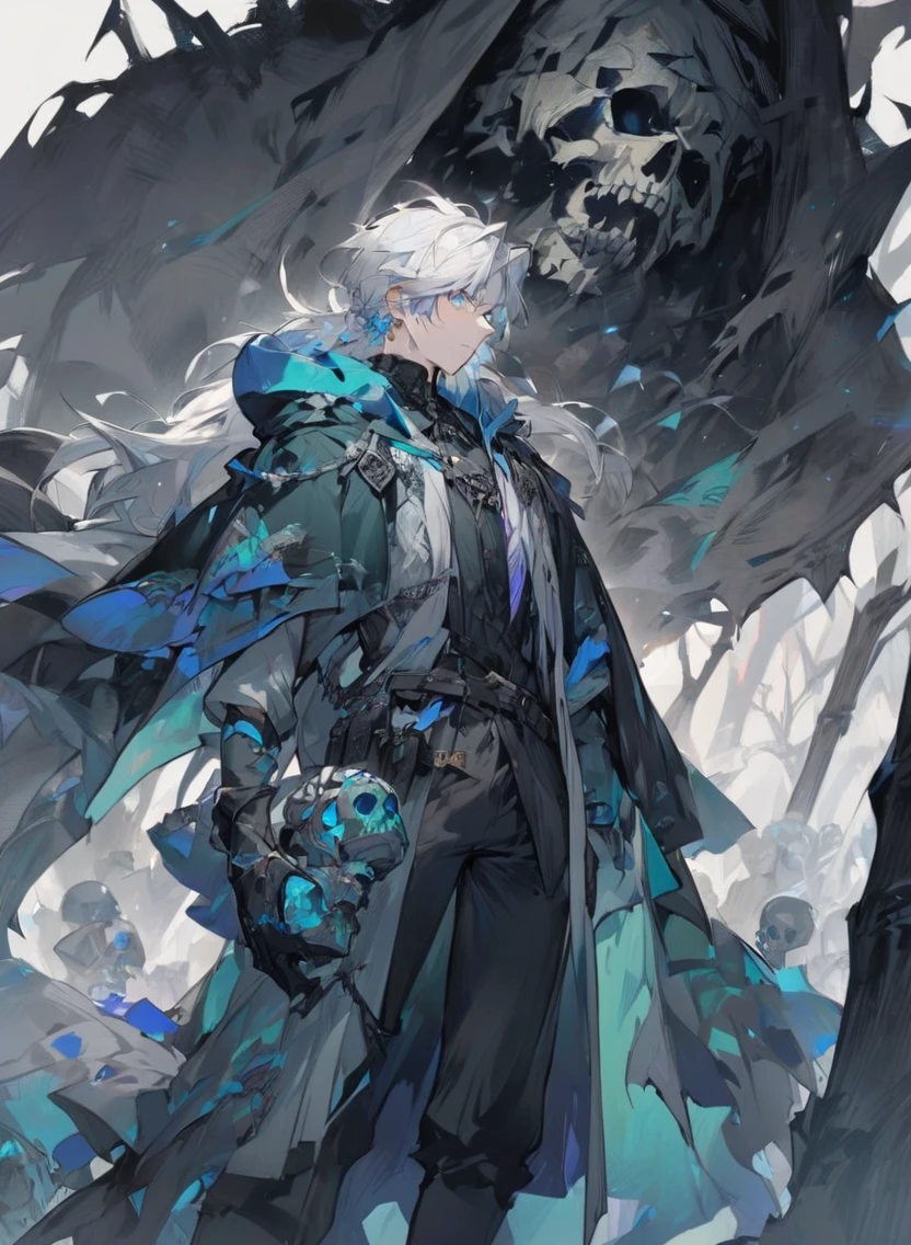 young man ,Male Dark, dark Woods, cold colors, man white hair with blue eye, Warlock dnd , Skeleton army in background