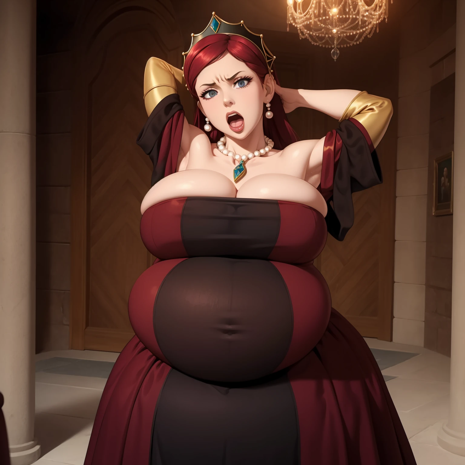 masterpiece, best quality, hildagreyrat, grey eyes, headdress, earrings, pearl necklace, pendant, large breasts, red dress, cleavage, long dress, wide sleeves, cowboy shot, looking at viewer, mansion, chandelier, hands up, ((big belly)), shocked, open mouth, (hands behind head:1.4), (solo:1.5)