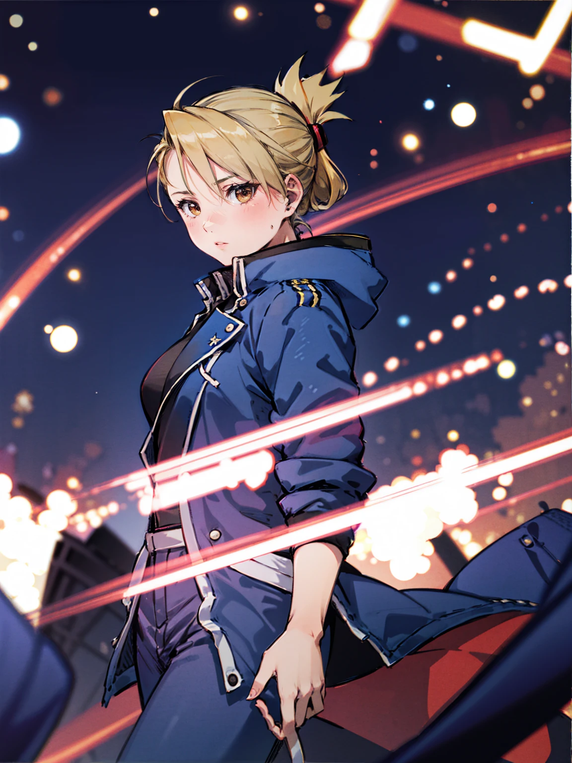 masterpiece, Highest quality, High resolution, One girl, (Riza Hawkeye, Blue jacket), Folded ponytail, Brown eyes, , (uniform, Blue jacket, Blue pants), ,Big Breasts,