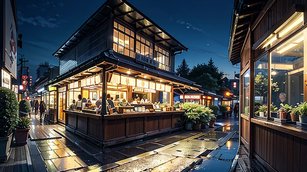 (masterpiece:1.4), (Highest quality:1.4), Very detailed, Complex, Super detailed, Tokyo、City of night、Stylish cafe、City、street tree、4K、8k