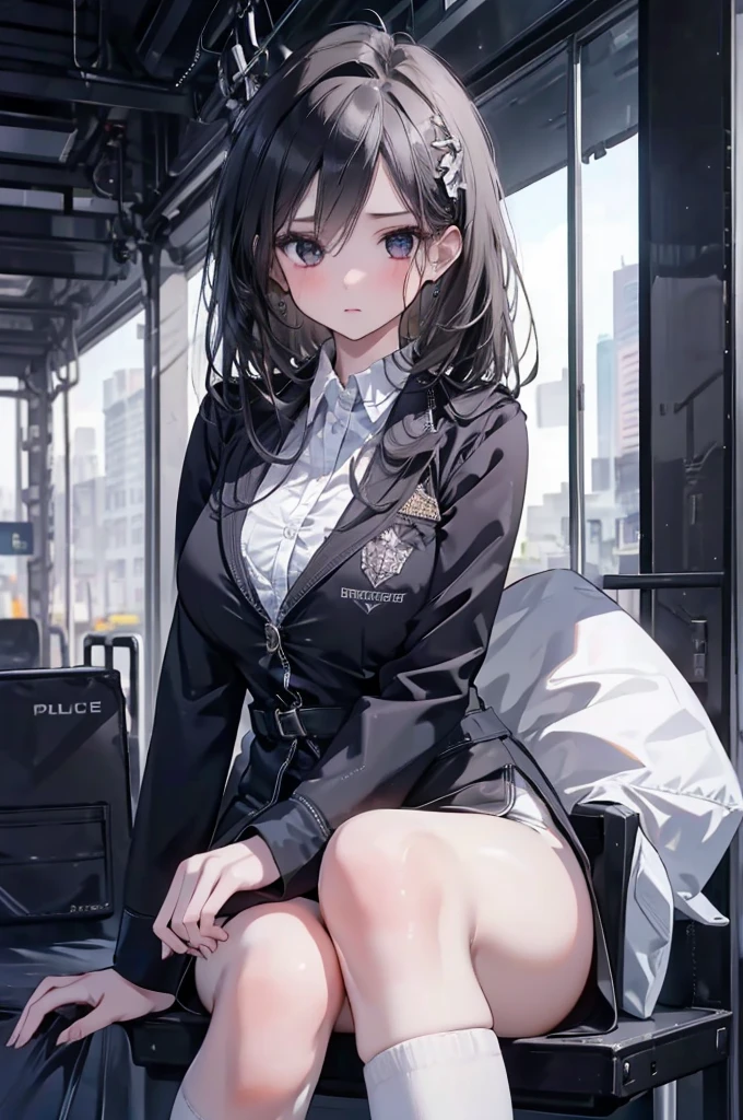 1 Girl:1.3), Solitary, __body parts__ Delicate and realistic skin, Pale skin, Large target, Official Art, Unity 16K Wallpaper, Ultra Detailed, beauty, masterpiece, best quality, Awesome atmosphere, Calming color palette, A calm mood, Soft shadows, Airline stewardess, charm，Large Breasts，Black tights，Police Uniform