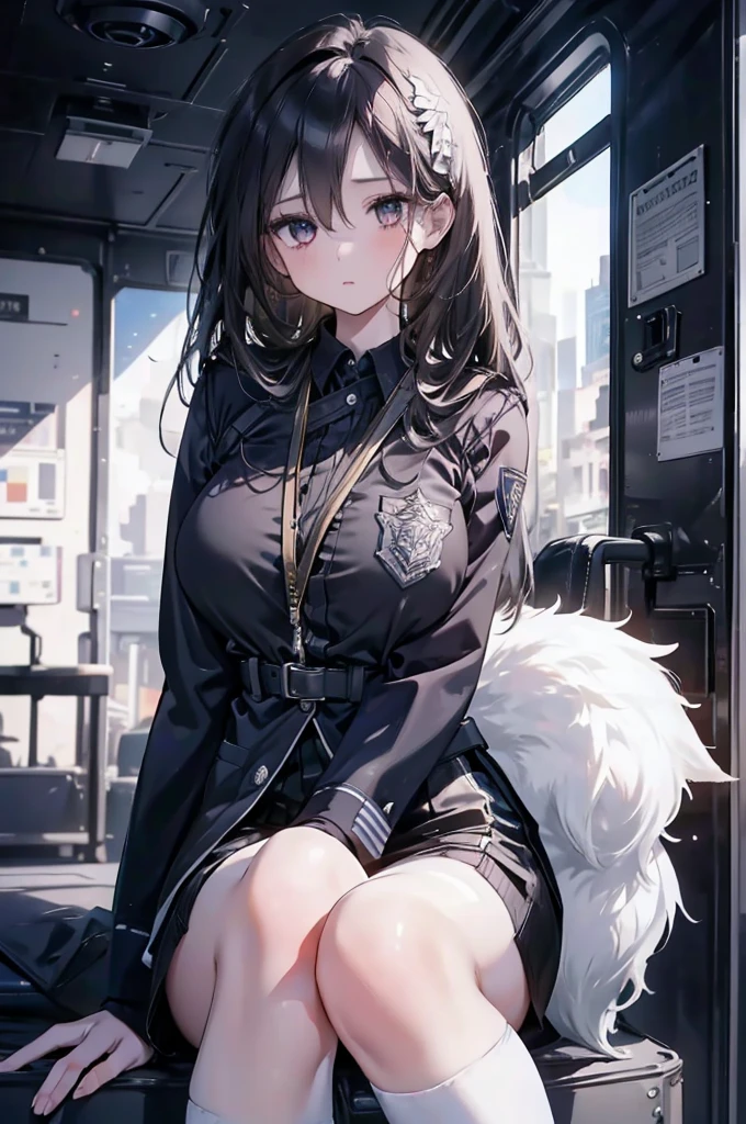 1 Girl:1.3), Solitary, __body parts__ Delicate and realistic skin, Pale skin, Large target, Official Art, Unity 16K Wallpaper, Ultra Detailed, beauty, masterpiece, best quality, Awesome atmosphere, Calming color palette, A calm mood, Soft shadows, Airline stewardess, charm，Large Breasts，Black tights，Police Uniform