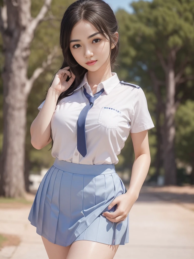 1girl, solo, (uniform), standing, outdoors, cute pose, detailed face, detailed eyes, medium breasts, smooth skin, tight white shirt, grey blue short skirt, looking at the audience, low angle shot,(8k, RAW photo, best quality, masterpiece: 1.2), (realistic, realistic: 1.37), ultra-high resolution