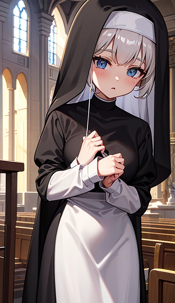 Church Church sister Nun&#39;s habit Blonde A man is poking her pussy with his penis from behind On all fours Blushing Crying Small breasts Back view A man&#39;s penis is inserted into her pussy from behind  overflowing from her pussy Naked