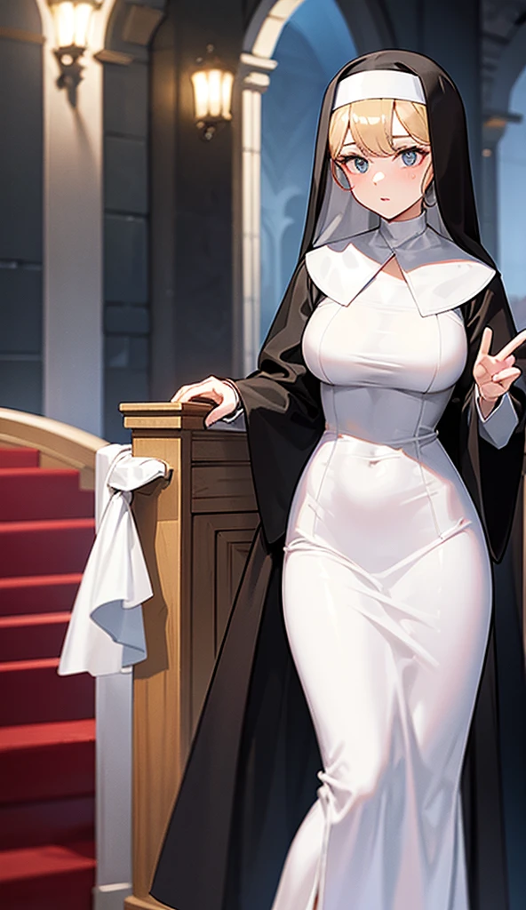 Church Church sister Nun's habit Blonde A man is poking her pussy with his penis from behind On all fours Blushing Crying Small breasts Back view A man's penis is inserted into her pussy from behind overflowing from her pussy Naked