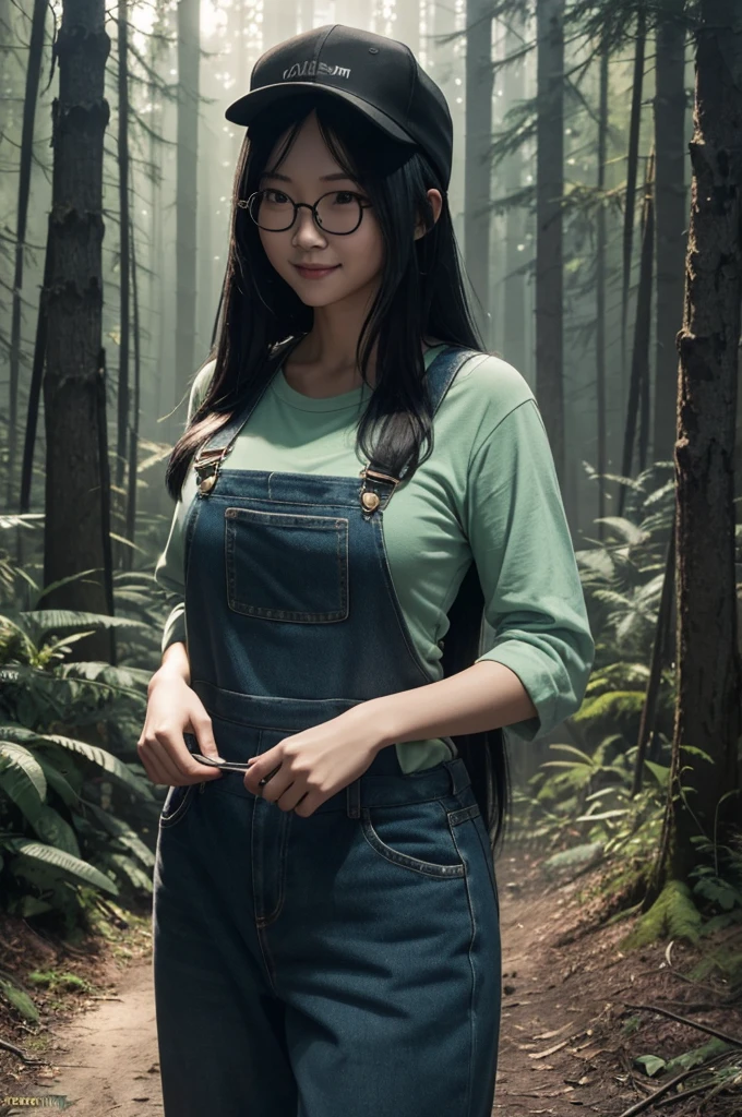 8k,Photorealistic RAW photos of the highest quality。so beautiful(Like the real thing顔) Bright colors、Image of a perfect woman,Art Station Trendasterpiece、8k resolution、Character Art,Ultra-high resolution,,Mr..々Pause,charm,sexy,Rich colors, Backlight, Cinema Lighting, Film Grain, to be born, 50mm lens, Nikon D850,compensate,Ultra-Realistic Skin,Rich colors, Backlight, Cinema Lighting, Film Grain, to be born, 50mm lens, Nikon D850,smile,In a super realistic forest,medium breastsの,so beautiful(Like the real thing),Ultra-high resolution,Like the real thing見える肌,Horror movie shot of spooky,Very long black hair, Sadako,so beautiful(Like the real thing),Three-part method, Tone color scheme, mystery, Horror, spooky, spooky, Denis Villeneuve style, Movie stills, Cinestill 800,Fantasy art,Character Art,sexyな,Scary Form,Grudge,dissatisfaction,Very large breasts,smile,Round Glasses, green T-shirt,Overalls,sneakers,hat(Wear backwards),full body