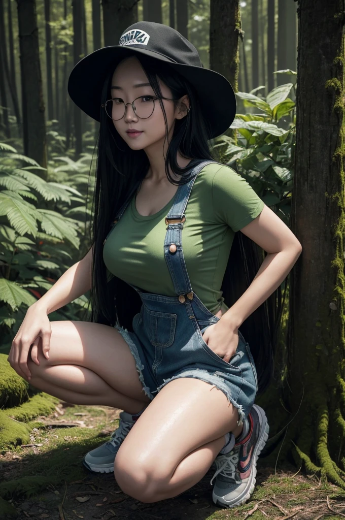 8k,Photorealistic RAW photos of the highest quality。so beautiful(Like the real thing顔) Bright colors、Image of a perfect woman,Art Station Trendasterpiece、8k resolution、Character Art,Ultra-high resolution,,Mr..々Pause,charm,sexy,Rich colors, Backlight, Cinema Lighting, Film Grain, to be born, 50mm lens, Nikon D850,compensate,Ultra-Realistic Skin,Rich colors, Backlight, Cinema Lighting, Film Grain, to be born, 50mm lens, Nikon D850,smile,In a super realistic forest,medium breastsの,so beautiful(Like the real thing),Ultra-high resolution,Like the real thing見える肌,Horror movie shot of spooky,Very long black hair, Sadako,so beautiful(Like the real thing),Three-part method, Tone color scheme, mystery, Horror, spooky, spooky, Denis Villeneuve style, Movie stills, Cinestill 800,Fantasy art,Character Art,sexyな,Scary Form,Grudge,dissatisfaction,Very large breasts,smile,Round Glasses, green T-shirt,Overalls,sneakers,hat(Wear backwards),full body