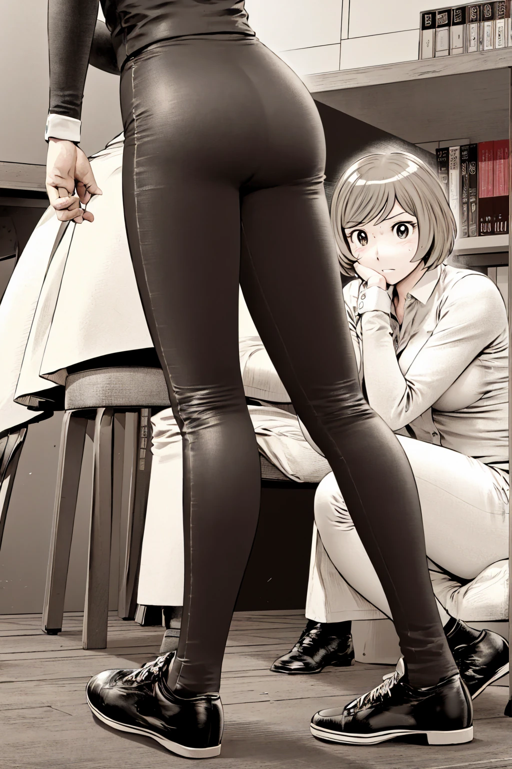 、(masterpiece、Highest quality)、Highest quality, Ultra-high resolution, (((masterpiece))), alone, Sweat、Big eyes,office、tight white dress shirt、Tight black suit、Tight black pants、indoor、Composition from the front、(後ろCut your hair short、short hair、blonde、woman)、Shortcuts、Embarrassed face、Cut your hair short、可愛いwomanの子、Big Breasts、Sit on a chair、Face to face、Composition from the front、View your audience