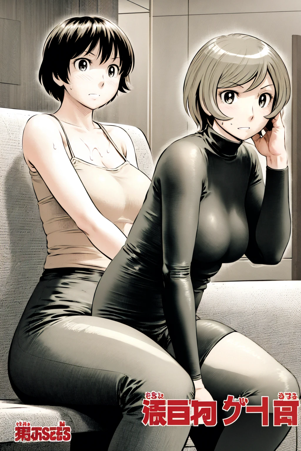 、(masterpiece、Highest quality)、Highest quality, Ultra-high resolution, (((masterpiece))), alone, Sweat、Big eyes,office、tight white dress shirt、Tight black suit、Tight black pants、indoor、Composition from the front、(後ろCut your hair short、short hair、blonde、woman)、Shortcuts、Embarrassed face、Cut your hair short、可愛いwomanの子、Big Breasts、Sit on a chair、Face to face、Composition from the front、View your audience