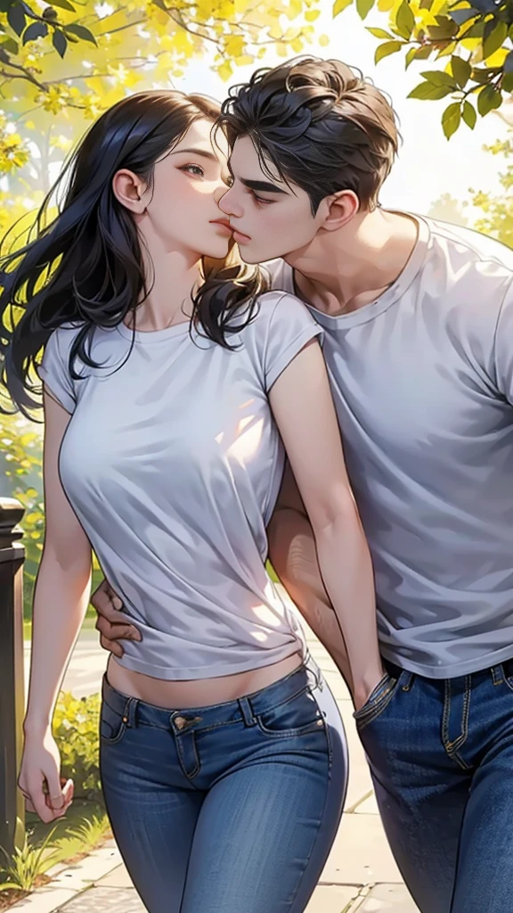 (nsfw), (Couple, A beautiful woman and a handsome man), Intimate gaze, Embracing, Soft kiss, Naked bodies, Tender skin, Glowing in the dim light, Muscular physique, Curvaceous figure, Passionate love, Erotic atmosphere, Detailed body hair, Close-up view, Sensual emotions, Realistic depiction, Aesthetic appreciation, High resolution, 4K
(Couple, Beautiful girl and boy), (Holding hands, Walking in a park), Joyful expressions, Bright colors, Springtime blooms, Blue sky, Sunshine, Casual clothing, Denim jeans, White t-shirt, St
