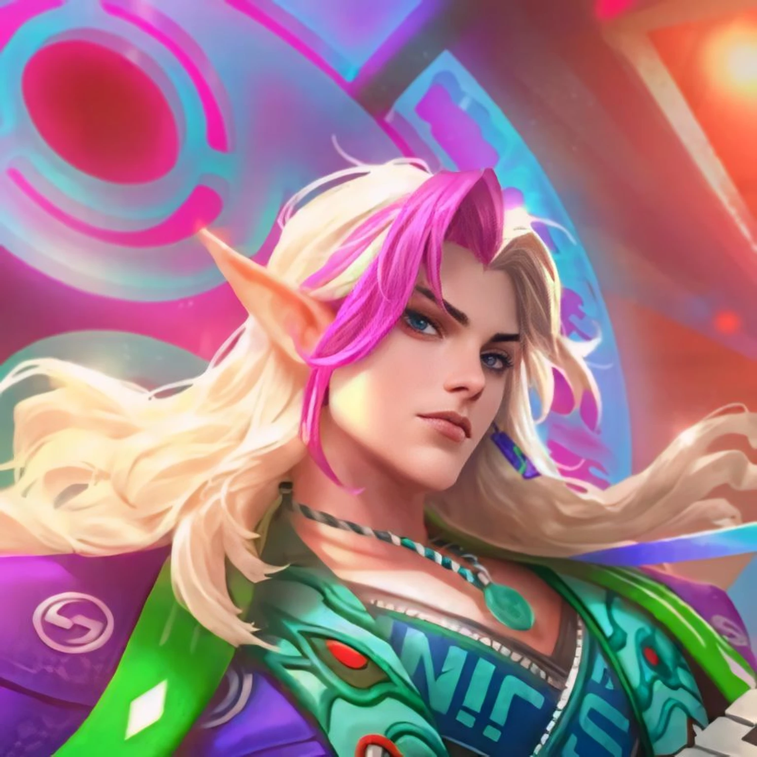 Handsome, a man with blonde hair and a purple top holding a sword, realistic