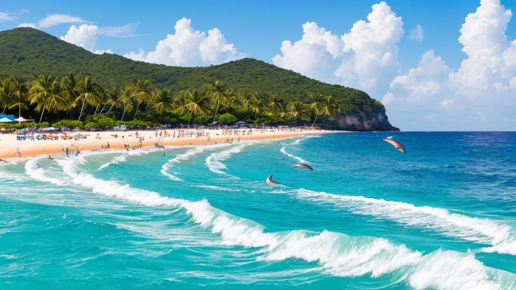 (Masterpiece,Highest quality),(Maximum details),beach,There are dolphins jumping out of the water.,And there were a lot of people coming to play in the water.