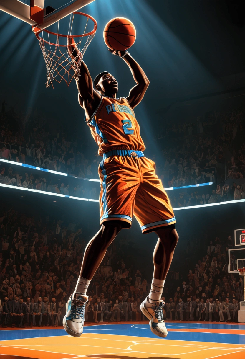 (Basketball Dunk), Game-Winning Dunk, in the style of laser lighting, focused light beams, vibrant light patterns, colored laser lights, danger, pulp comics, pulp art, hyper-realistic manga style, lurid, magazine cover imagery, dynamic composition, full body, award-winning, cinematic still, emotional, vignette, dynamic, vivid, (masterpiece, best quality, Professional, perfect composition, very aesthetic, absurdres, ultra-detailed, intricate details:1.3)