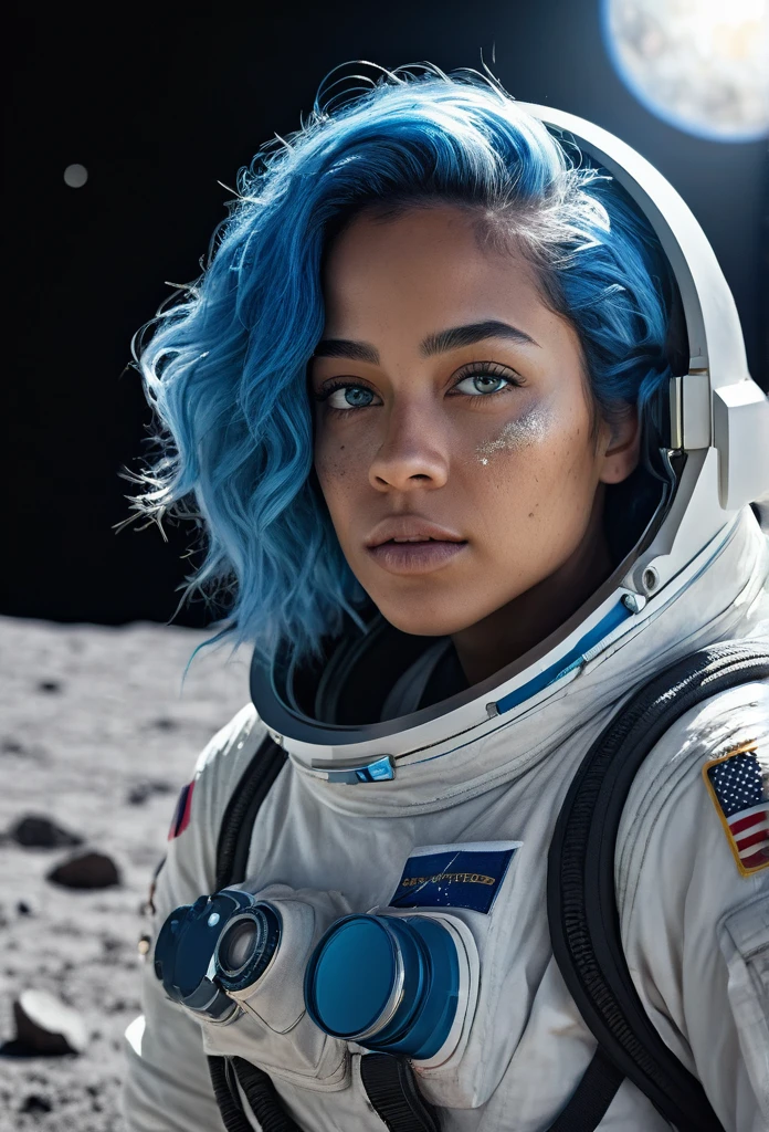 A beautiful biracial woman,full body, blue hair, light blue eyes, astronaut, broken mask, on the moon,dirty suit, espace (best quality,4k,8k,highres,masterpiece:1.2),ultra-detailed,(realistic,photorealistic,photo-realistic:1.37),HDR,UHD,studio lighting,ultra-fine painting,sharp focus,physically-based rendering,extreme detail description,professional,vivid colors,bokeh,photography,cool colors,dramatic lighting