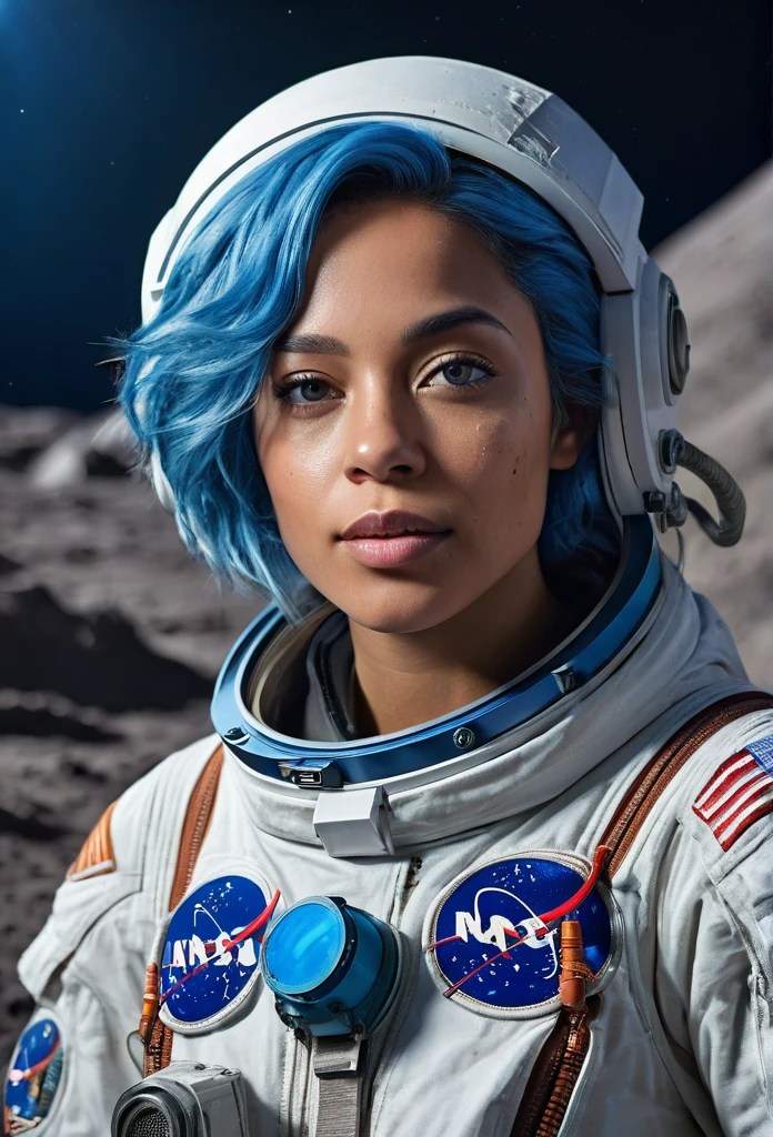 A beautiful biracial woman,full body, blue hair, light blue eyes, astronaut, broken mask, on the moon,dirty suit, espace (best quality,4k,8k,highres,masterpiece:1.2),ultra-detailed,(realistic,photorealistic,photo-realistic:1.37),HDR,UHD,studio lighting,ultra-fine painting,sharp focus,physically-based rendering,extreme detail description,professional,vivid colors,bokeh,photography,cool colors,dramatic lighting