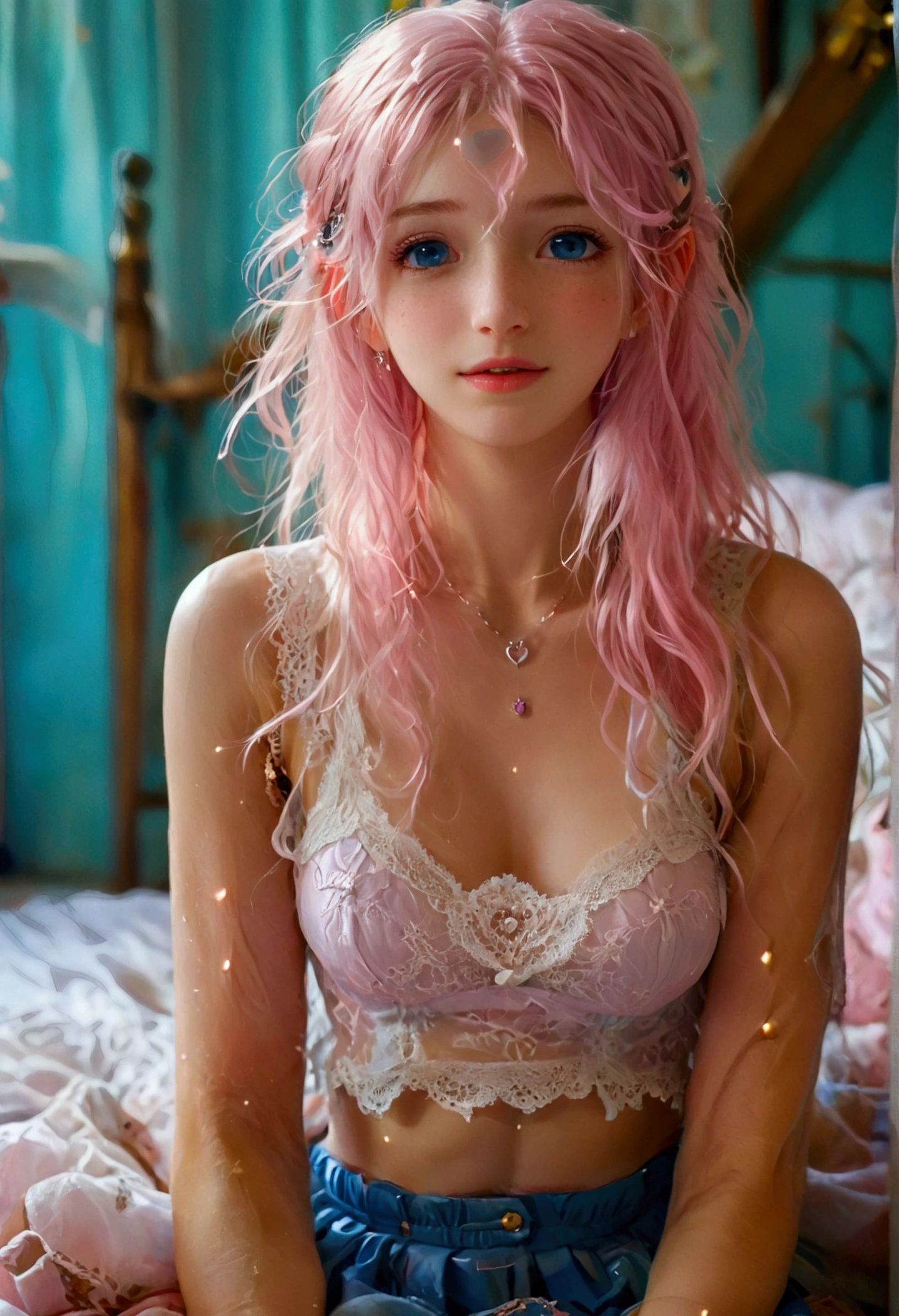 a girl, white skin, young, long pink hair, messy hair, thin arms, small mouth, small nose, small breasts, round face, pink skirt, transparent lace crop top, heart-shaped necklace, blue eyes, blush , embarrassed smile, navel, realistic view, very shy, sharp eyes, sitting in a room on the bed, good lighting, European origin, lots of details on the face and clothes