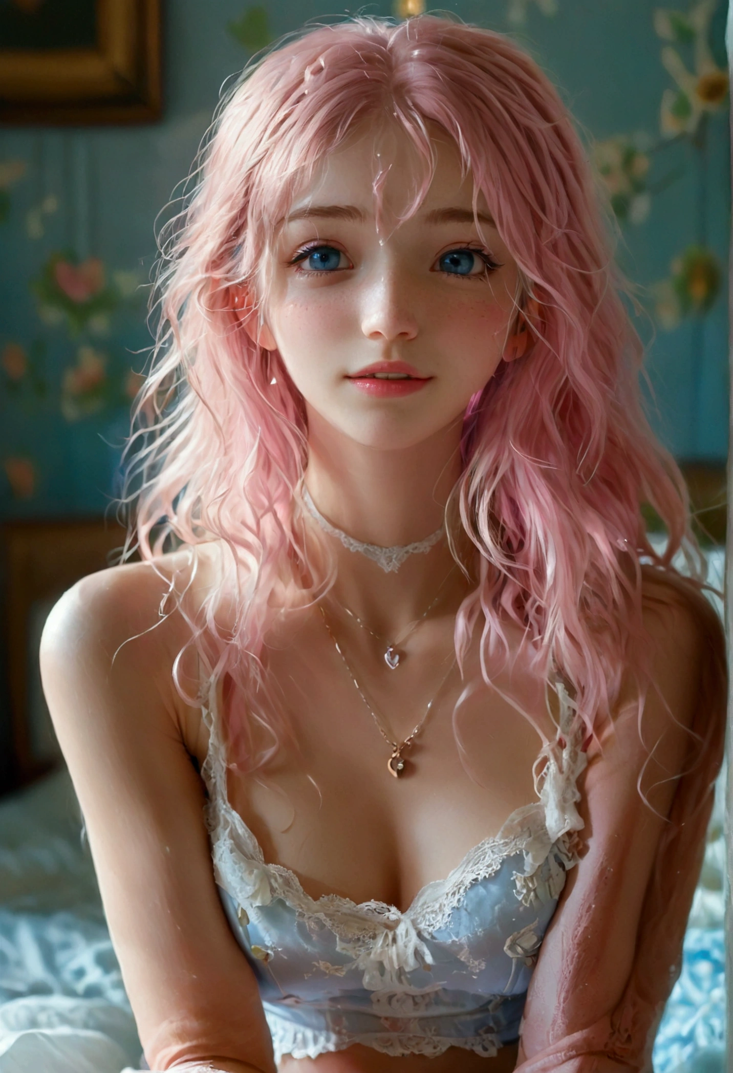 a girl, white skin, young, long pink hair, messy hair, thin arms, small mouth, small nose, small breasts, round face, pink skirt, transparent lace crop top, heart-shaped necklace, blue eyes, blush , embarrassed smile, navel, realistic view, very shy, sharp eyes, sitting in a room on the bed, good lighting, European origin, lots of details on the face and clothes