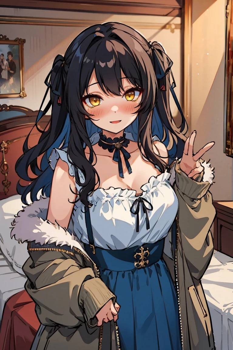 (masterpiece:1.2), (high quality:1.2), hui xiyi, rekkyo sensen, rekkyou sensen, (long wavy hair, hair ribbon, one side up:1.54), solo focus, hand up, waving, girls with((black hair, bare shoulders, medium breasts, breasts, choker, cleavage, collar, collarbone, cowboy shot, dress, see-through sleeves, neck ribbon, blue clothes, frills shirt, fur, fur collar, fur trim, hooded jacket, hoodie, jacket, large breasts, long sleeves, belt, suspenders, open clothes, open hoodie, solo, winter clothes, zipper, upper body, hand up, waving, palm)), background with ((bedroom, room:2.0))