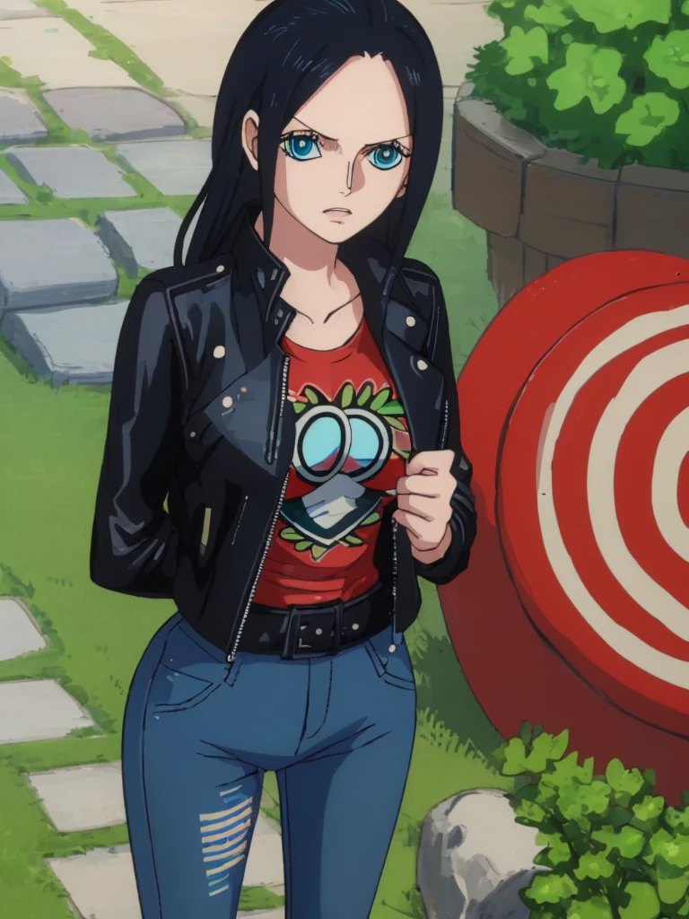 ((best quality)), ((masterpiece)), (detailed) perfect face , blue eyes , black hairs  nico robin  , medium breasts , wearing black leather jacket over red printed t-shirt and blue jeans , in garden , arms bound behind back with rope , standing still 