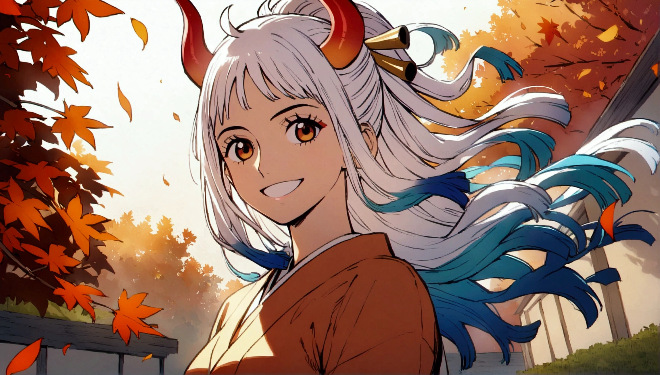 (Yamato from One Piece),smile,spotlight on face,Long, wind-blown hair,Multicolored Hair,They are,Horn,By Eiichiro Oda,alone,anime,flower,autumn leaves,garden,Happy,masterpiece