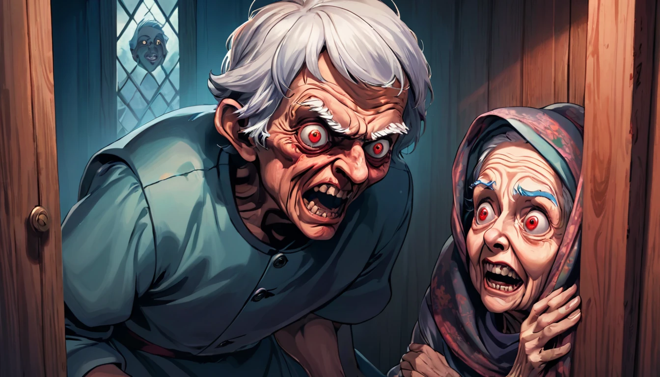 a young man trying to escape from an evil creepy granny with a wooden ugly face, her eyes is light red