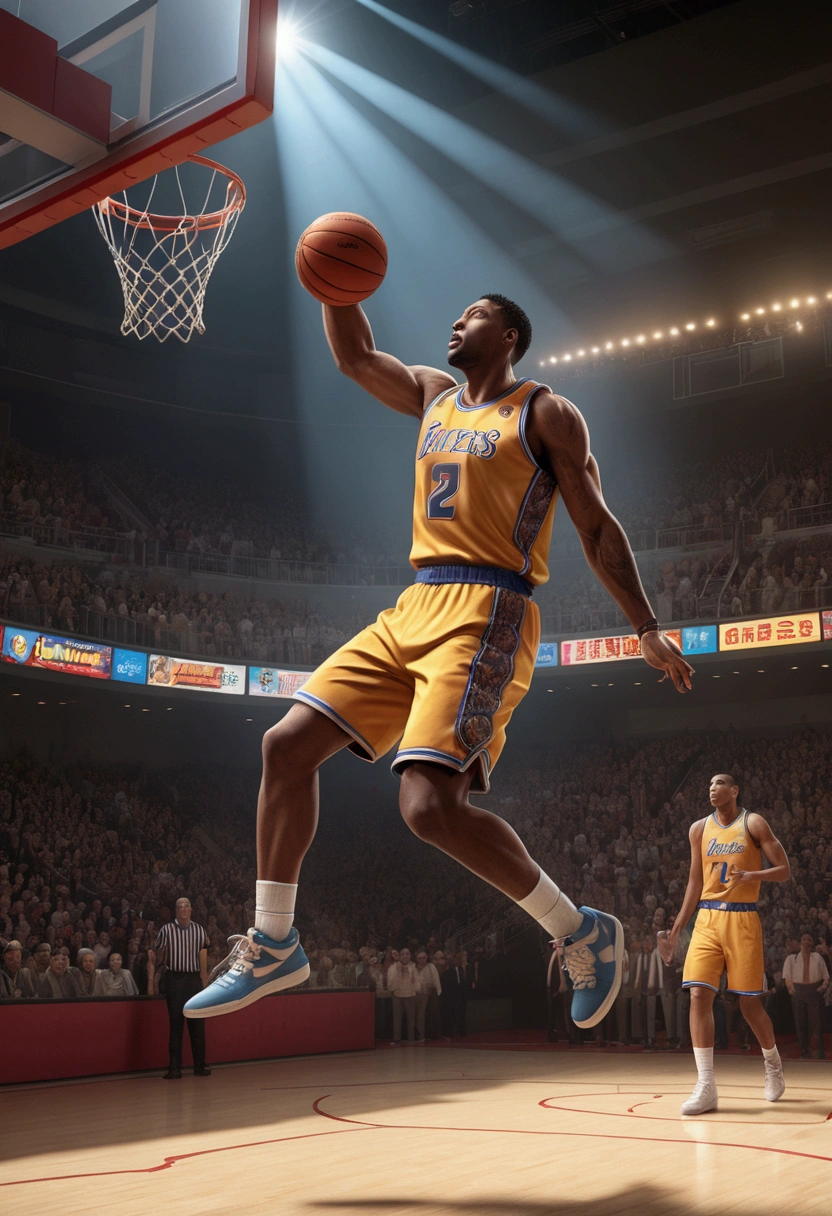(Basketball Dunk), Game-Winning Dunk, in the style of laser lighting, focused light beams, vibrant light patterns, colored laser lights, danger, pulp comics, pulp art, hyper-realistic manga style, lurid, magazine cover imagery, dynamic composition, full body, award-winning, cinematic still, emotional, vignette, dynamic, vivid, (masterpiece, best quality, Professional, perfect composition, very aesthetic, absurdres, ultra-detailed, intricate details:1.3)