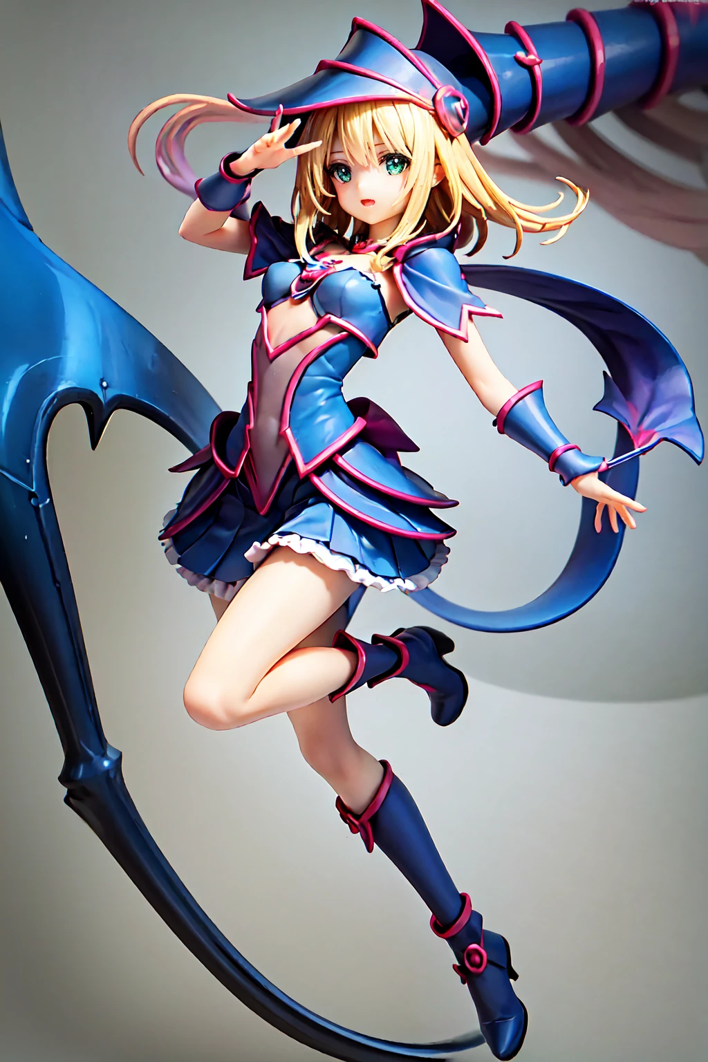 dark magician girl, Super detailed, Very detailed, masterpiece, 最high quality, 最high quality, Absurd, High resolution, Black Magician Girl, (One girl:1.2), alone, Detailed face, Dynamic pose, Hair flow, (whole body:1.1), Blonde, Long Hair, View your viewers, Green Eyes, Detailed skin, chest, Manicure, skirt, Blue footwear, Blue hat, Wizard&#39;s Hat, Cane, I have a hat, (Blue panties:0.9), masterpiece, Very detailed, A magnificent composition, high quality, 最high quality, 4K, (white background:1.5), pedestal , Figures