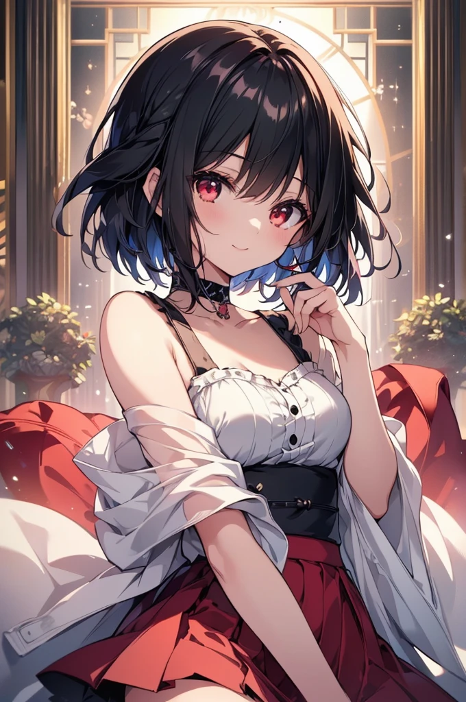 (masterpiece, highest quality, highest quality, (No text), Beautiful and aesthetic:1.2),No text,アニメ、BREAK,One Girl,Black Hair Girl short hair older sister choker Beautiful eyes Red eyes cool smile Red and Black one piece mini skirt whole body In town