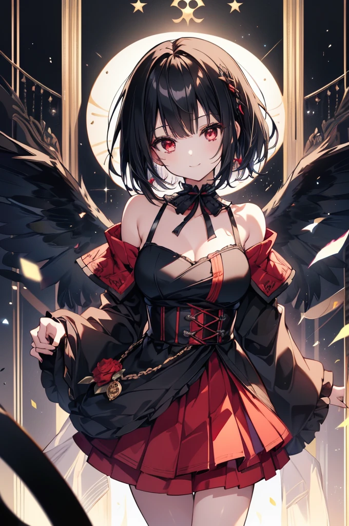 (masterpiece, highest quality, highest quality, (No text), Beautiful and aesthetic:1.2),No text,アニメ、BREAK,One Girl,Black Hair Girl short hair older sister choker Beautiful eyes Red eyes cool smile Red and Black one piece mini skirt whole body In town
