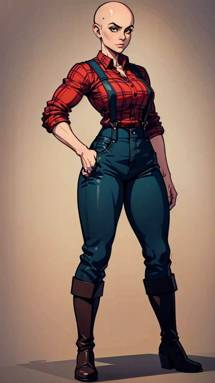 digital art, highly detailed, reference sheet, standing pose, feminine features, mature woman, adult female, muscular figure, whole body, bald, form-fitting, lumberjack outfit, red flannel shirt, folded sleeves, suspenders, long pants, boots, 1woman, solo, upper body, lower body, ((Extremely Detailed)), ((Best Quality)), ((Masterpiece)), ((4k)).