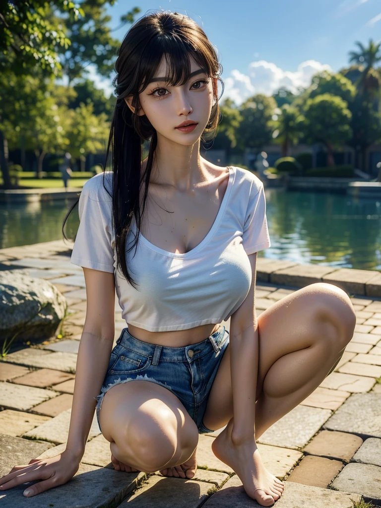 (yor), (Best quality, 8k, Masterpiece :1.3), (realistic, photorealistic: 1.37), (1girl), (slim), (Japanese), (random pose), (wet body), (long hair, random hairstyle), (outdoors), (Ultra-detailed face), (Detailed eyes), (Double eyelids), (eyeshadow intensifying), (many eyelashes), (professional lighting), (photon mapping), (radiosity), (looking directly at viewer), (full bodyesbian), (legs are open), (With a cropped T-shirt), (Slim figure), (Slim girl model), (25 years old female model), (gigantic cleavage breasts) (No bra, No top, Bare chest),