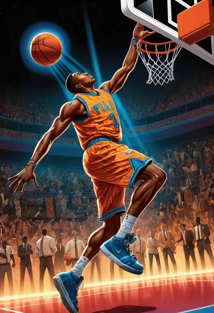 (Basketball Dunk), Game-Winning Dunk, in the style of laser lighting, focused light beams, vibrant light patterns, colored laser lights, danger, pulp comics, pulp art, hyper-realistic manga style, lurid, magazine cover imagery, dynamic composition, full body, award-winning, cinematic still, emotional, vignette, dynamic, vivid, (masterpiece, best quality, Professional, perfect composition, very aesthetic, absurdres, ultra-detailed, intricate details:1.3)