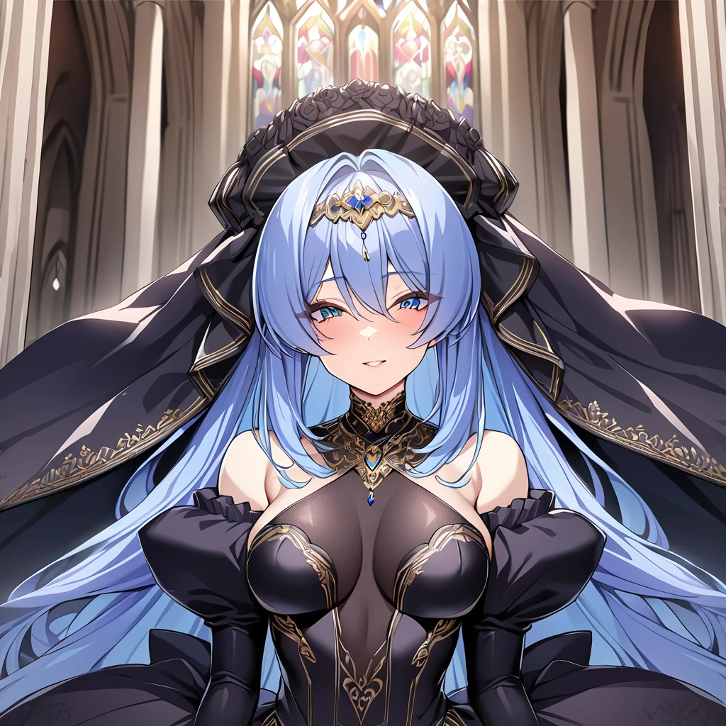 ((Highest quality)), ((masterpiece)), (detailed), （Perfect Face）、The woman is an Extia with medium-long blue hair, wearing a gorgeous black wedding dress with gold embroidery and trim, a black wedding veil, and an engagement ring.、The woman is happily getting married in a posh church belonging to an evil organization.