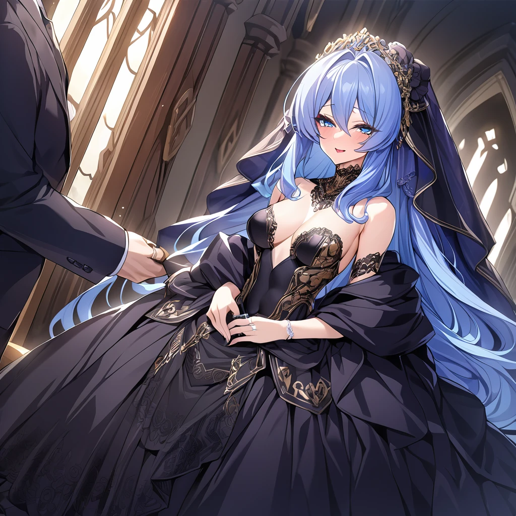 ((Highest quality)), ((masterpiece)), (detailed), (Perfect Face)、The woman is an Extia with medium-long blue hair, wearing a gorgeous black wedding dress with gold embroidery and trim, a black wedding veil, and an engagement ring.、The woman is happily getting married in a posh church belonging to an evil organization.