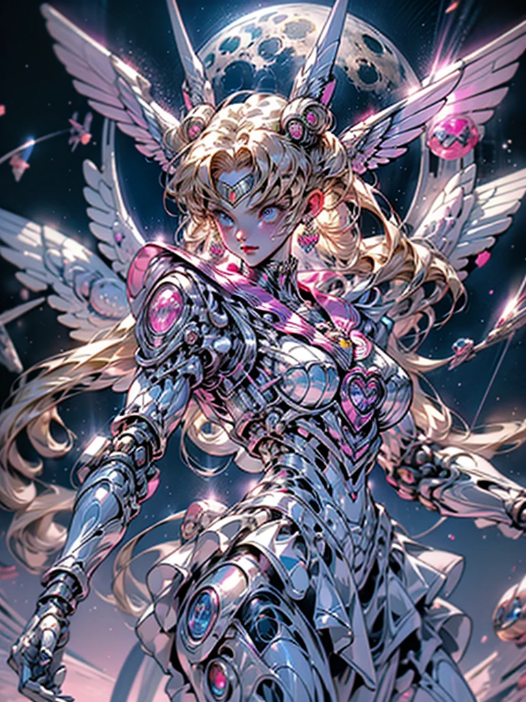 1 mechanical girl: 1.4, Sailor Moon, white mechanical arm, humanoid body, pink sailor suit, good-looking face, sailor Moon, moon hare, rabbit ears, mechanical ears, white blouse, blonde hair, mechanical arm, pink skirt, side, heart-shaped robot in the background, sci-fi background, complex background, hair glowing hair, forehead hair light, moon, panorama, mechanical wings, large wings in the background