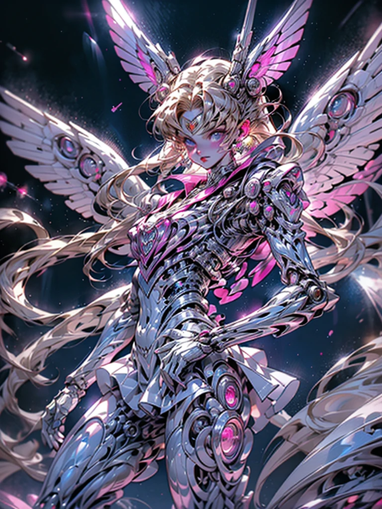 1 mechanical girl: 1.4, Sailor Moon, white mechanical arm, humanoid body, pink sailor suit, good-looking face, sailor Moon, moon hare, rabbit ears, mechanical ears, white blouse, blonde hair, mechanical arm, pink skirt, side, heart-shaped robot in the background, sci-fi background, complex background, hair glowing hair, forehead hair light, moon, panorama, mechanical wings, large wings in the background