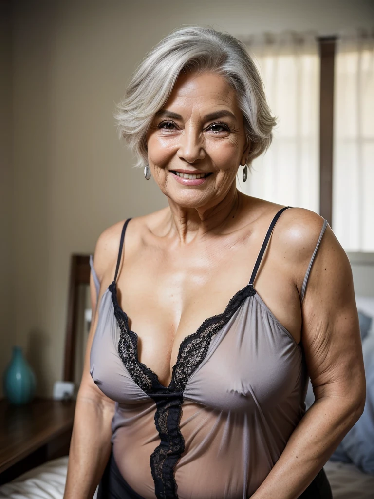 80 year old woman with gray hair, plus size, old face and body with many wrinkles, smiling, loose skin, standing in the bedroom posing for a photo, she is wearing transparent black lingerie and a low-cut blouse. jaw-dropping older maturey, old face and body with wrinkles, legs are visible, old face, attractive granny, a beautiful old hair, beautiful old granny, adorable older mature grannutiful beautiful granny over 80 years old, beautiful grandma with silver hair, beautiful detailed body and face, a beautiful grandma, dogs in the yard, in the room
