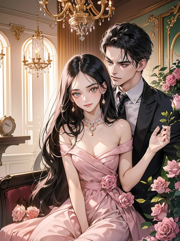 (masutepiece, Digital Art, Digital Illustration, 4K, 8K, Ultra-detailed, beautiful image, Sharp Image, Photorealistic, Raw photo, Perfect face, Perfect lines, Perfect eyes, Soft lighting) 1 woman, (Long Black Hair,straight haired,Bullish gaze,Beautie,ellegance,Mode system,Onepiece,Solid makeup,23 y-o woman,small tits:1.3),Two handsome men in suits, (ember,Men in suits,well-muscled,Firm shoulder width,Adult male,Boyish hairstyle,English gentlemanly style,Man in his 30s with a cool expression,28-year-old man with bright smile:1.2),Antique furnishings,Antique Clamps,Antique chair,chandeliers,Crystal Glass,Luxury,fantastical light,Marble fireplace,(embarrassed from,Shy smile,Bouquet of pink roses:1.2),Antique sofa,Leather sofa,Crying face,Crying in frustration,Beautiful tears