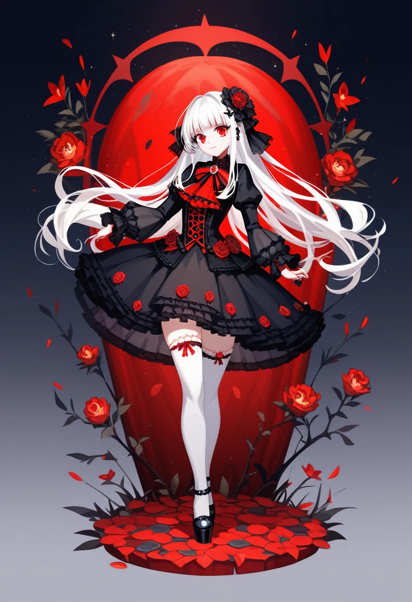 masterpiece, top-quality, masterpiece, top-quality,ighly detailed,{top-quality}, {{masterpiece}}, {hight resolution},original, {extremely delicate and beautiful},masterpiece, top-quality,ighly detailed,{top-quality},white hair, gothic ta, full body, standing, white thighhighs, short dress, black dress,