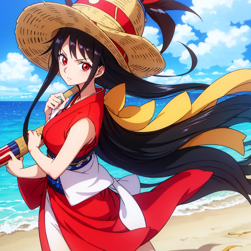 Anime girl, 1 girl, red eyes, long black hair, wearing Japanese clothes, infront pf a beach, straw hat logo, high resolution,