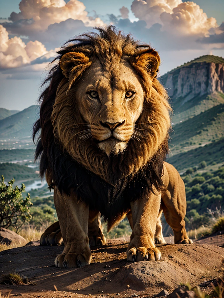 A lion king in the wild stands on a mountain, mane, high details, 16k, best quality, UHD