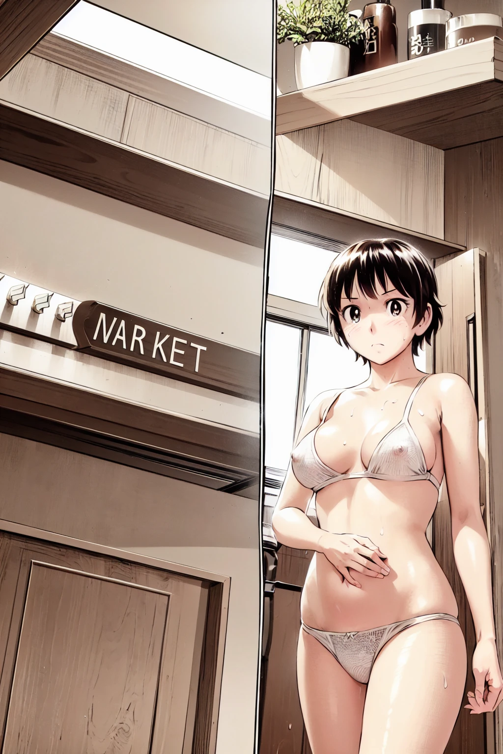 、(masterpiece、Highest quality)、Highest quality, Ultra-high resolution, (((masterpiece))), alone, Sweat、Big eyes, Composition from the front、Shortcuts、Embarrassed face、Bronze colored hair、Cut the back hair short、Bathroom、Shower scene、 Expose、Completely naked、pubic hair、belly button、Large areola、Nipples、short hair