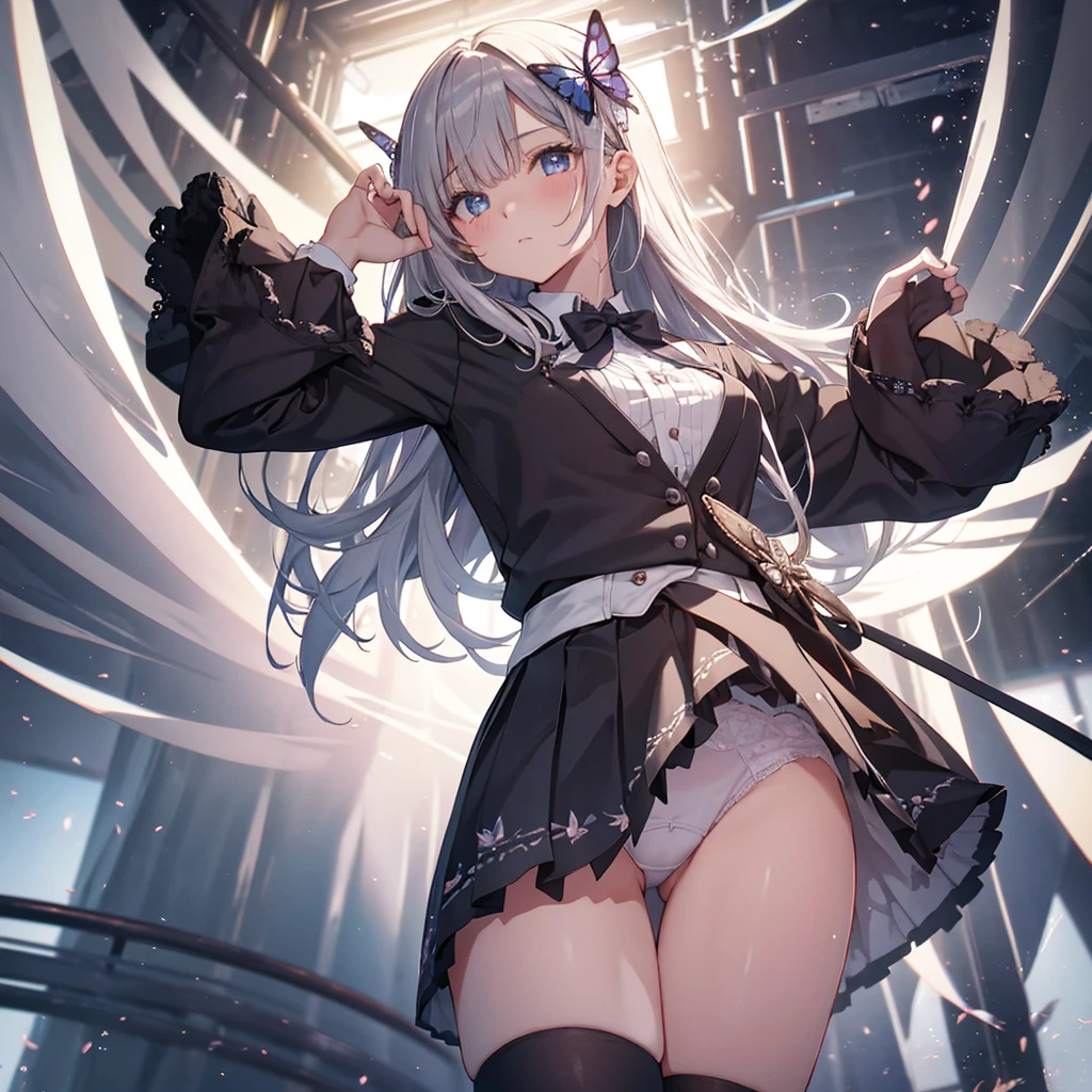 Cowboy Shot,One girl,alone,Shelia Burns,butterfly brooch, ribbon, bow, skirt, back bow, shirt, Long sleeve, Knee socks,blush,Embarrassing,Dynamic Angle,(From below:1.5),(Sealing:1.5), (Crotch close-up:1.3),(Panty shot),Highest quality,Best image quality,Perfect Anatomy,masterpiece,Ultra-detailed,beautiful,super high quality, Highest quality,High resolution, Very detailed,Game CG,Dutch Angle ,beautiful細部までこだわった目,Visual Arts,Five Fingers, Perfect hands, Complex and detailed background,