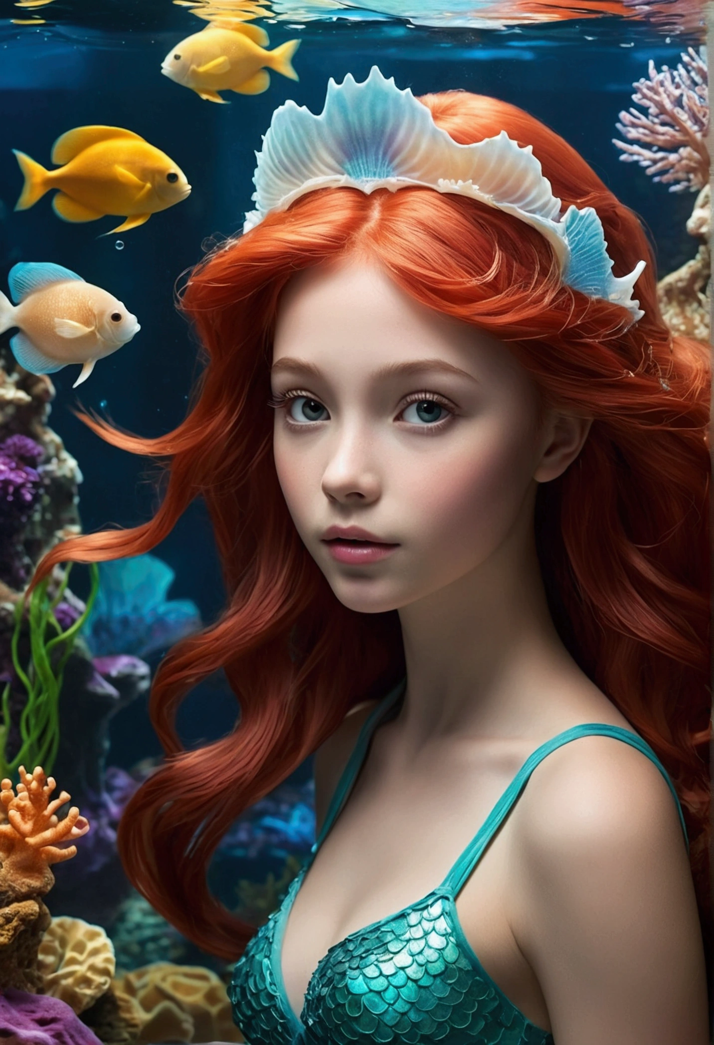  imagine Ariel, The adorable mermaid with red hair and insatiable curiosity, with a magnificent and exuberant aquarium that crowns its head. This aquarium is a translucent glass press, molded into graceful shapes and adorned with vibrant corals, Dancing seaweed and a variety of enchanting sea creatures. Inside this aquarium, marine life flourishes in all its beauty and diversity. Colorful fish swim around delicate anemones, while starfish shine with a soft glow. Siris show off their elegant claws, and little jellyfish float in an ethereal ballet. With every move of Ariel, The creatures swim and dance, creating a mesmerizing spectacle. The transparency of the aquarium allows sunlight to penetrate inside, casting shine, bright reflections throughout the environment. Each ray of sunlight is captured by water droplets and turns into a liquid rainbow iris, Painting the underwater world with magical colors. As Ariel explores her private marine kingdom, The water surrounding your aquarium dances and flows in harmony with your graceful movements. Air bubbles rise gently, creating an effect of tranquility and serenity. The aquarium on Ariel&#39;s head is more than just a decoration. It&#39;s a portal to the underwater world, A deep connection with the ocean she loves so much. It&#39;s an expression of your passion, A crown that reflects your infinite curiosity and connection to marine life. As Ariel ventures into the depths of the sea, Your aquarium on your head is a symbol of your courage and willingness to explore the unknown. It also represents your dedication to the preservation and protection of the oceans., reminding us all of the importance of caring for and valuing marine life and the treasures that the ocean provides us. This enchanting image of Ariel with her aquarium crowning her head is a manifestation of the harmony between the human and marine worlds., where magic and nature meet to create a unique experience