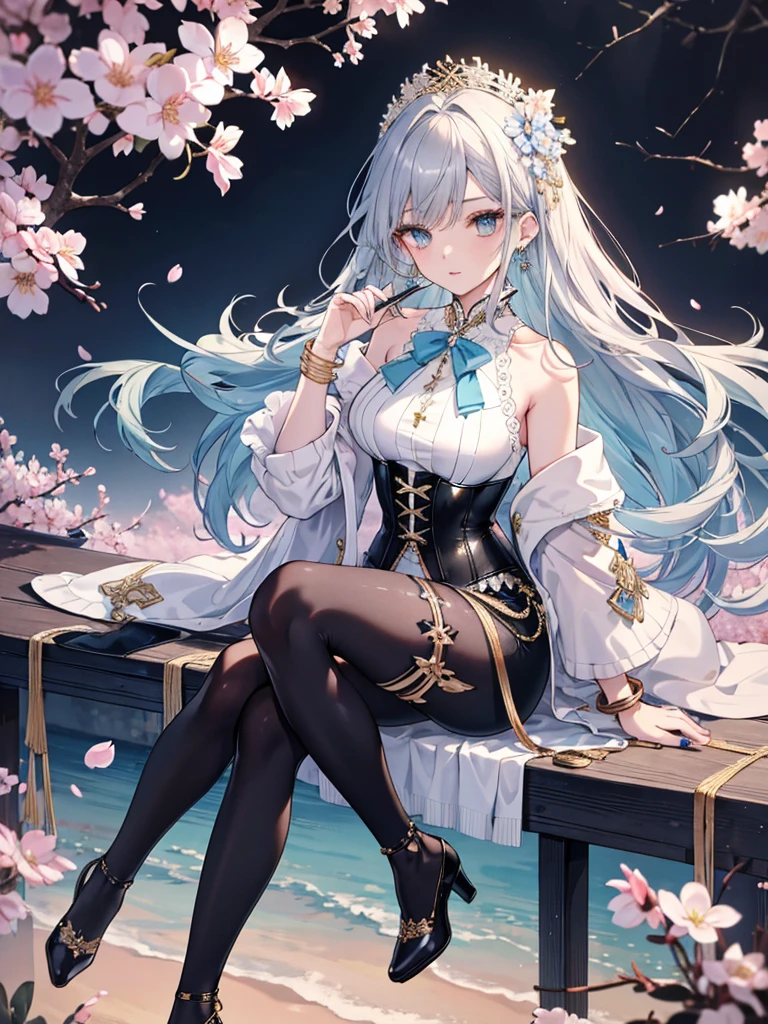 8k,High resolution RAW color art, Anime Art,Silver Marble Skin, (((Highly detailed elegant))), Detailed skin, texture,(Exquisitely crafted, The finer details, Ultra-detailed art), (1 Girl), Depth of written boundary, Silky Touch, Hyper Detail, Cool face, eye shadow、Armed pretty woman, Beautiful attention to detail, Beautiful lip detail, Highly detailed face, Delicate depiction of hair and eyes, Detailed Fashion, Blue sparkling eyes, Earrings, Slightly larger breasts,Full body depiction, ,Focus on the user、Stylish white off-shoulder pants、Black above the knee corset skirt、Tights up to the knee、Thighs、Golden decoration, Black nails, Gray Hair, Golden bracelet, Long Straight Hair, Light blue outer color、(((Hair)))、sweater、Cherry Blossoms at Night(Lesoonlight、肌面積Lesature)))、Calm background、Dildo
